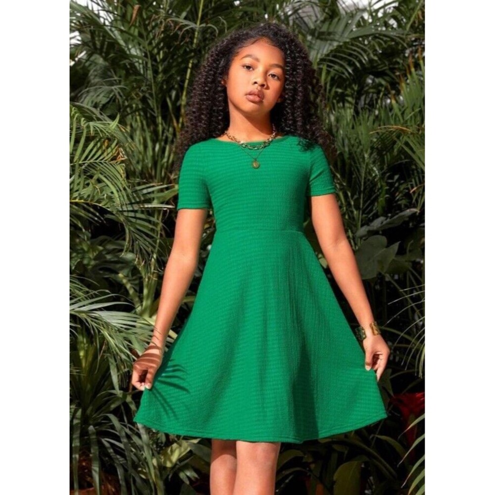 Shein Tween Girl Knitted Solid Color Back Cross Short-Sleeved Dress Size 9 NEW